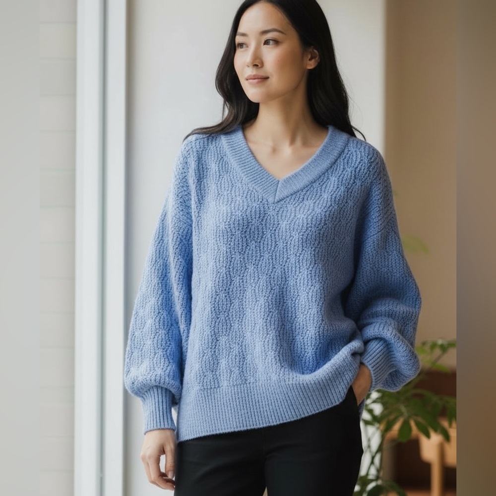 Signature by Reitmans Periwinkle Blue V-Neck Wool Blend Cable Sweater XS